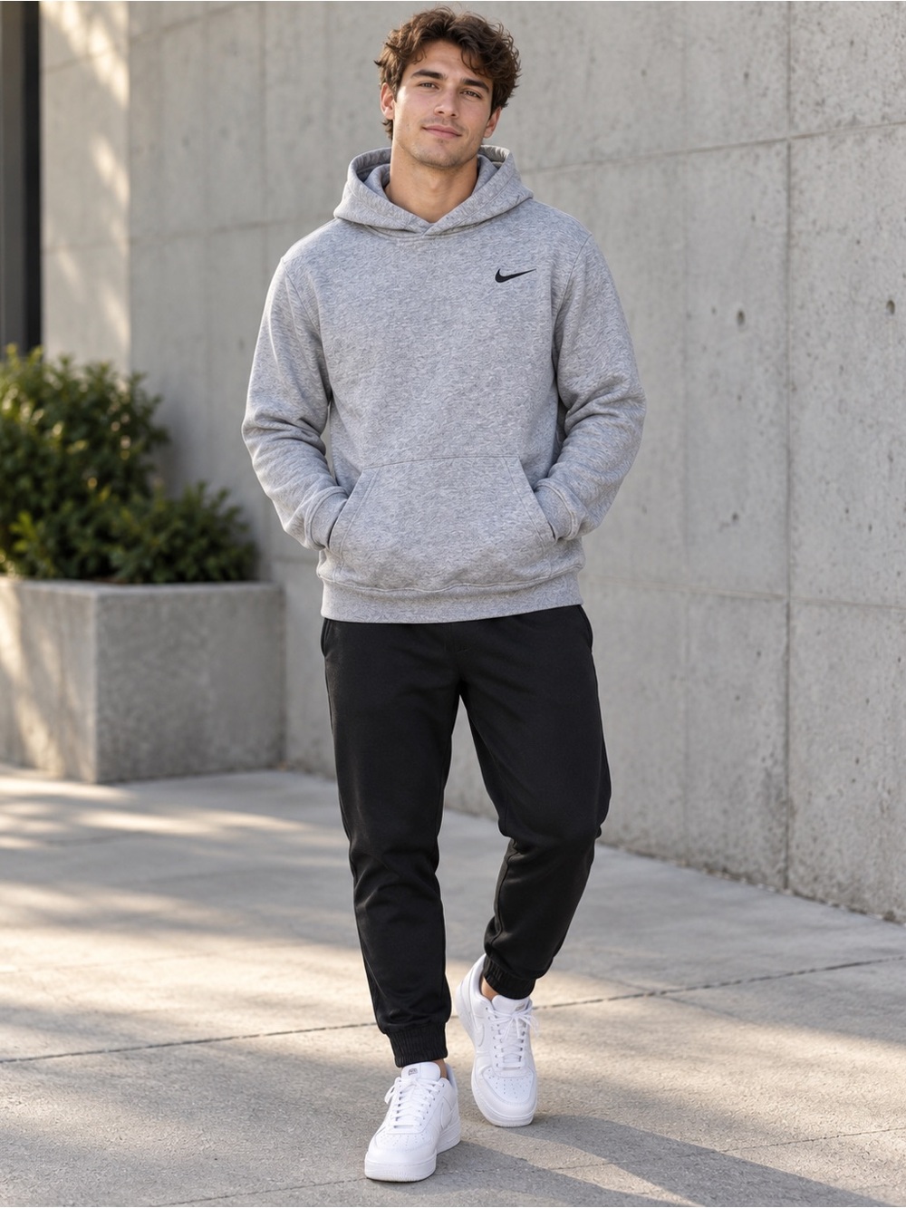 Nike Men’s Light Gray Hooded Sweatshirt with Black Swoosh